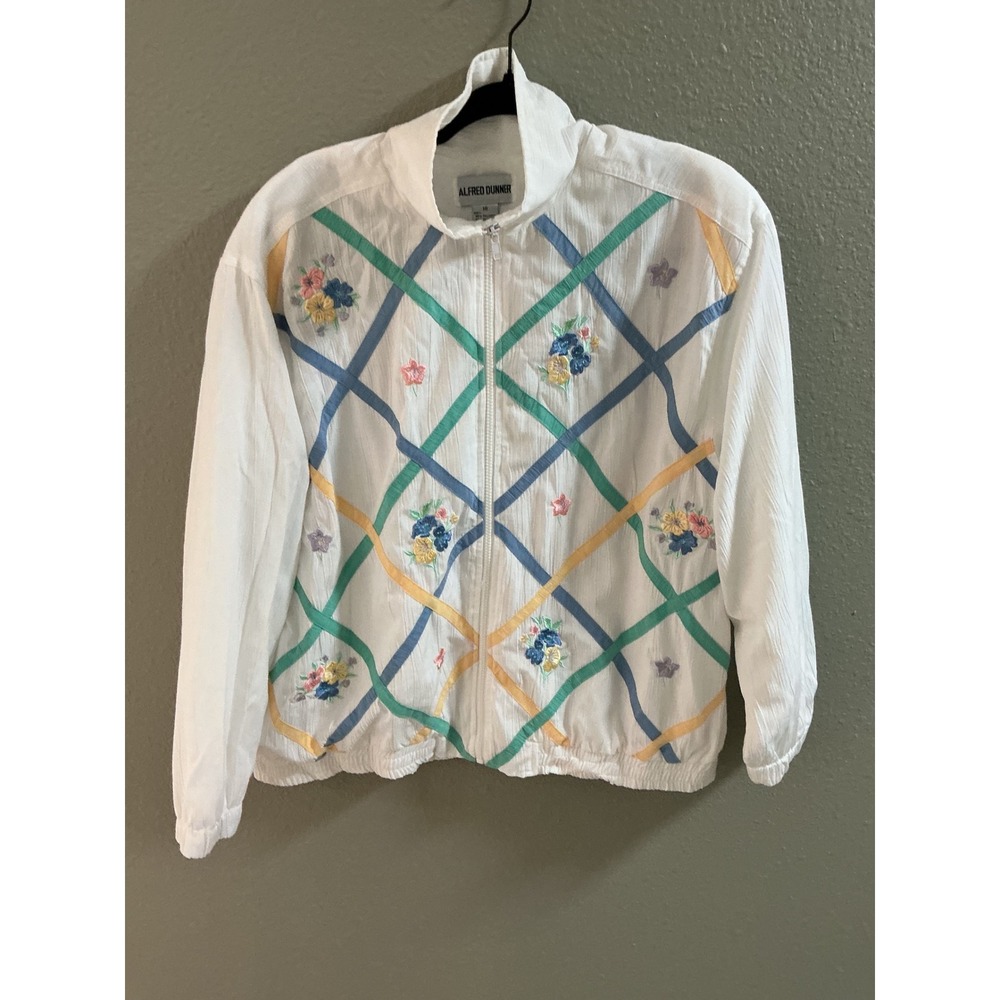 Alfred Dunner Windbreaker Jacket Womens 18 White Excellent Floral Ribbon Lattice